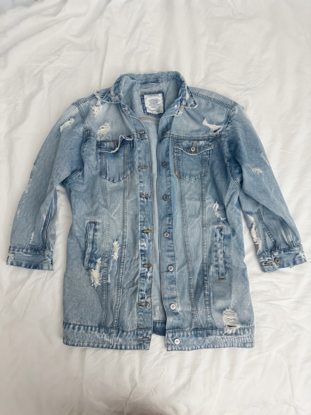 Pull&Bear oversized Light Blue Distressed Longline Denim Jacket